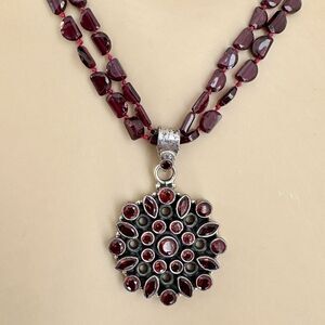 VTG Necklace 2 Strand Amethyst‎ Bead Spessartite Garnet Pendant Sterling 41.0g